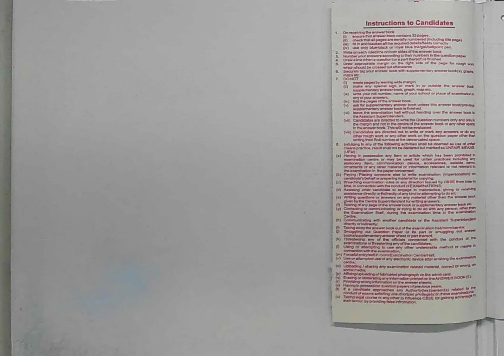 Chemistry answer script page 3 — Instructions to Candidates — including the rule that forbids writing your roll number, name or school in any answer.