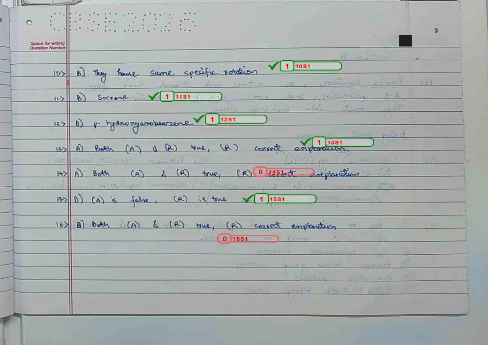 Chemistry answer script page 6, booklet page 3 — Q10–Q16, including the assertion-and-reason pairs. Two more zeros.