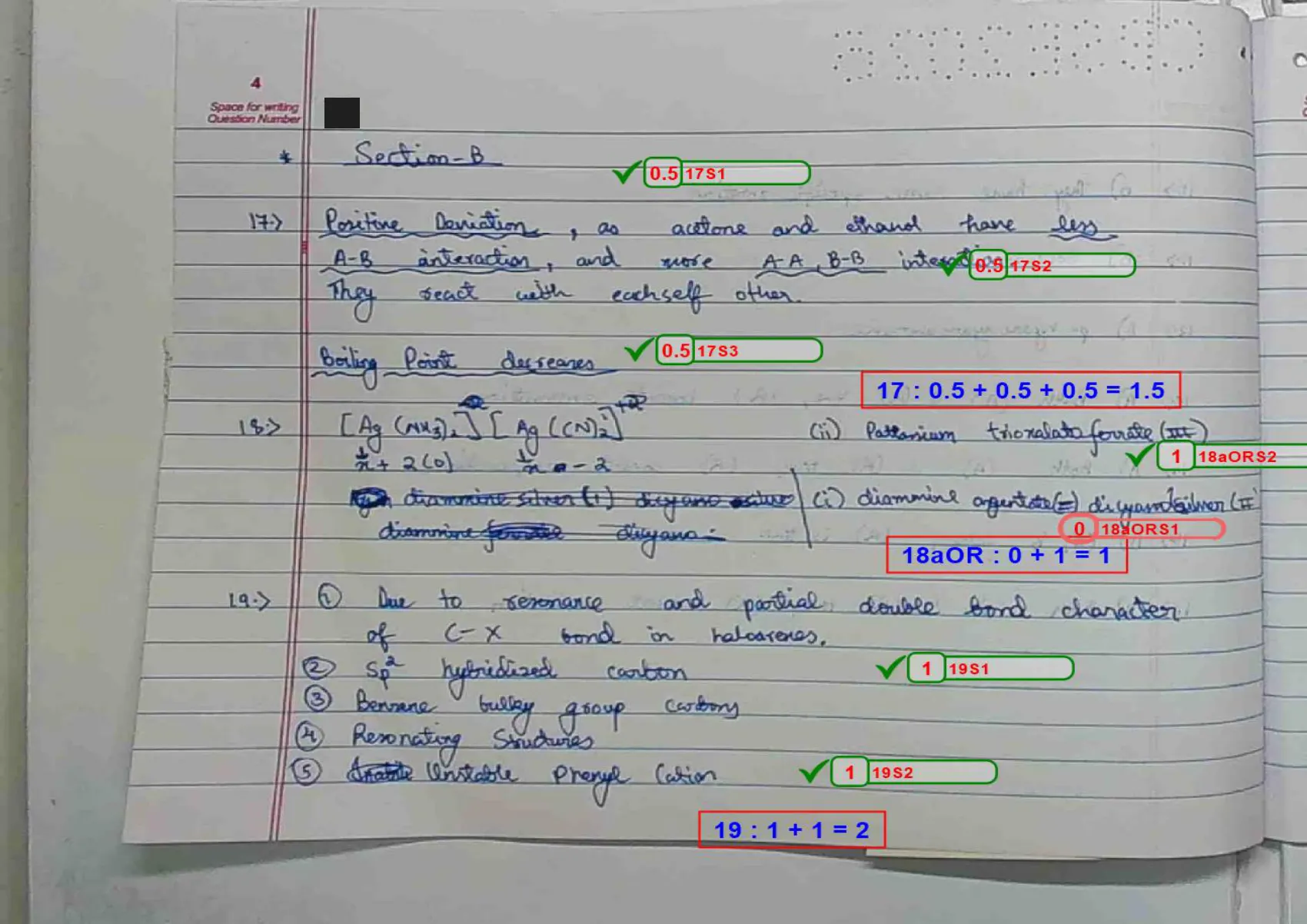 Chemistry answer script page 7, booklet page 4 — Q17–Q19. The first red summary box: "17 : 0.5 + 0.5 + 0.5 = 1.5".