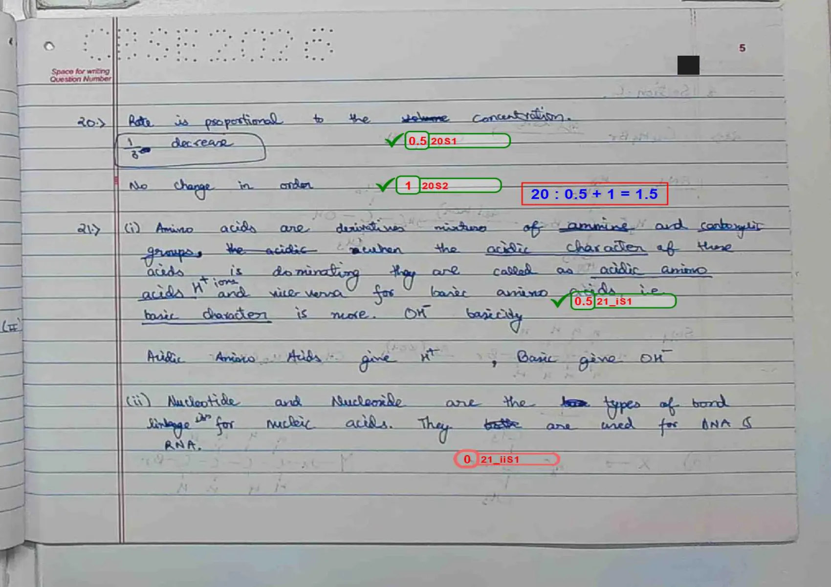 Chemistry answer script page 8, booklet page 5 — Q20 and Q21 — kinetics and amino acids.
