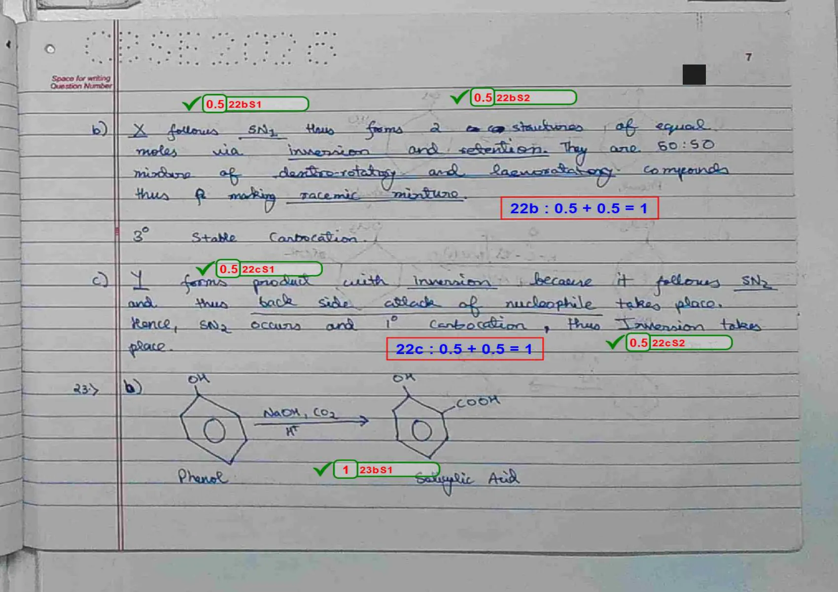 Chemistry answer script page 10, booklet page 7 — Q22b, Q22c and the start of Q23 — racemic mixtures and the phenol conversion.