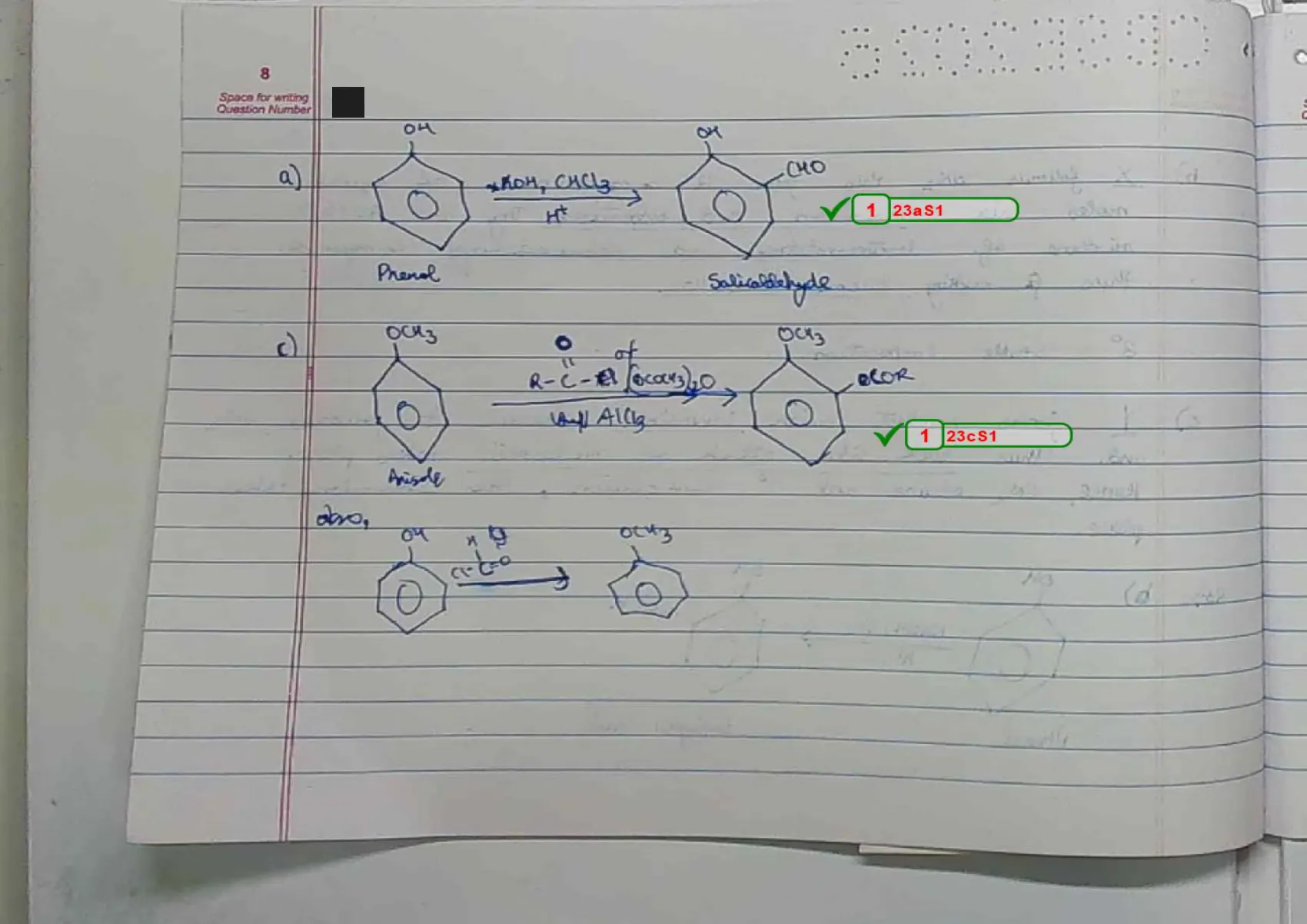 Chemistry answer script page 11, booklet page 8 — Q23 continued — Reimer–Tiemann and Friedel–Crafts.