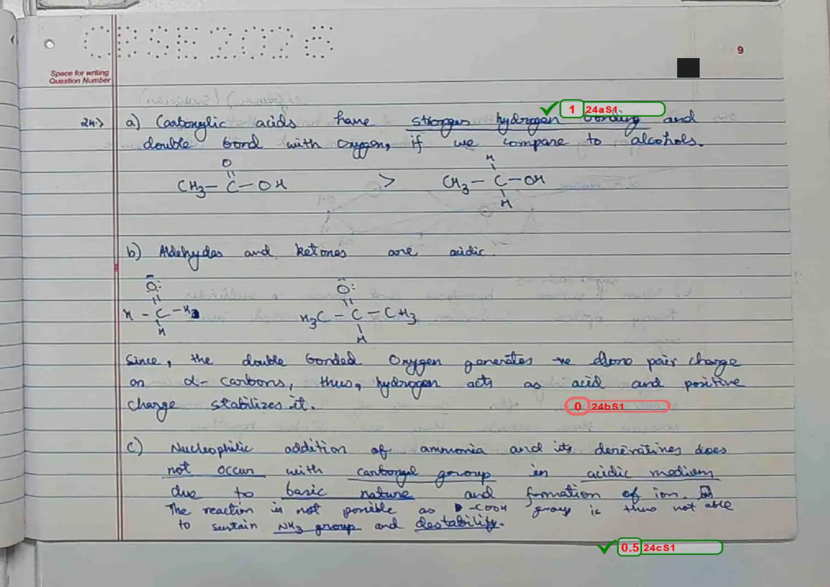 Chemistry answer script page 12, booklet page 9 — Q24 — acidity of carboxylic acids. Q24b scored zero.