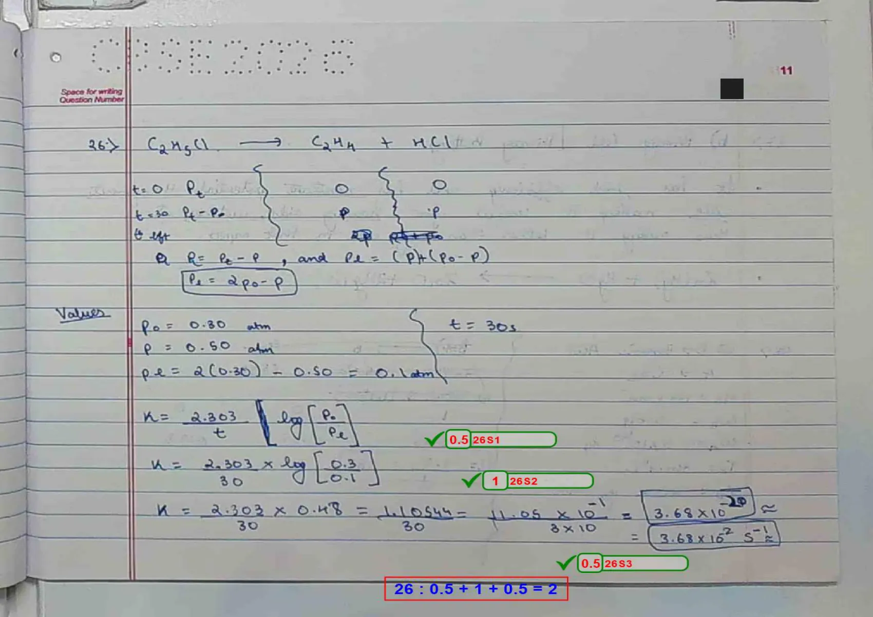 Chemistry answer script page 14, booklet page 11 — Q26 — the first-order kinetics numerical. Full marks, and the cleanest working in the paper.