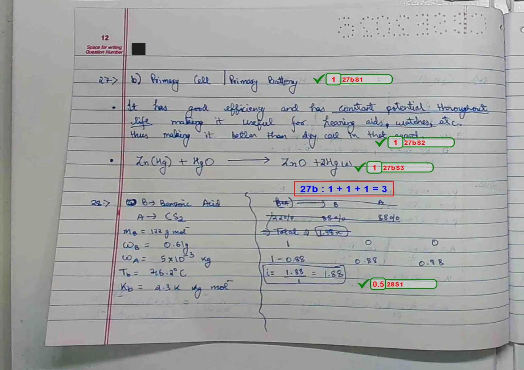 Chemistry answer script page 15, booklet page 12 — Q27b on primary cells, and the start of Q28 — elevation of boiling point.