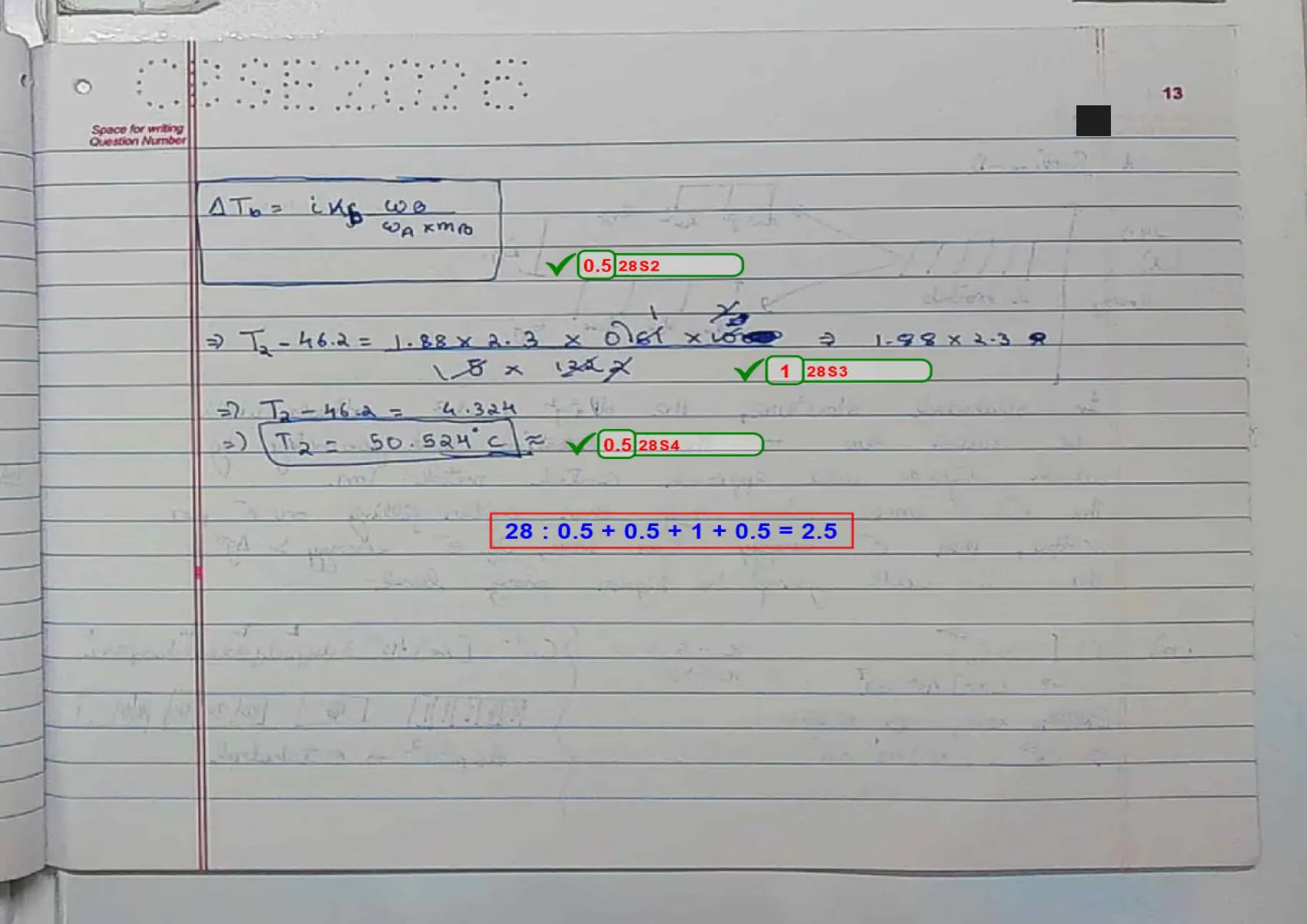 Chemistry answer script page 16, booklet page 13 — Q28 concluded. "28 : 0.5 + 0.5 + 1 + 0.5 = 2.5".
