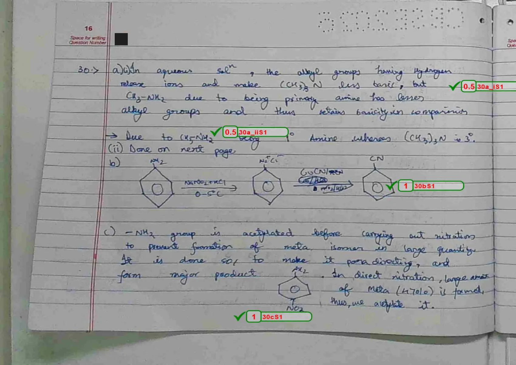 Chemistry answer script page 19, booklet page 16 — Q30 — amine basicity, diazotisation and why aniline is acetylated before nitration.