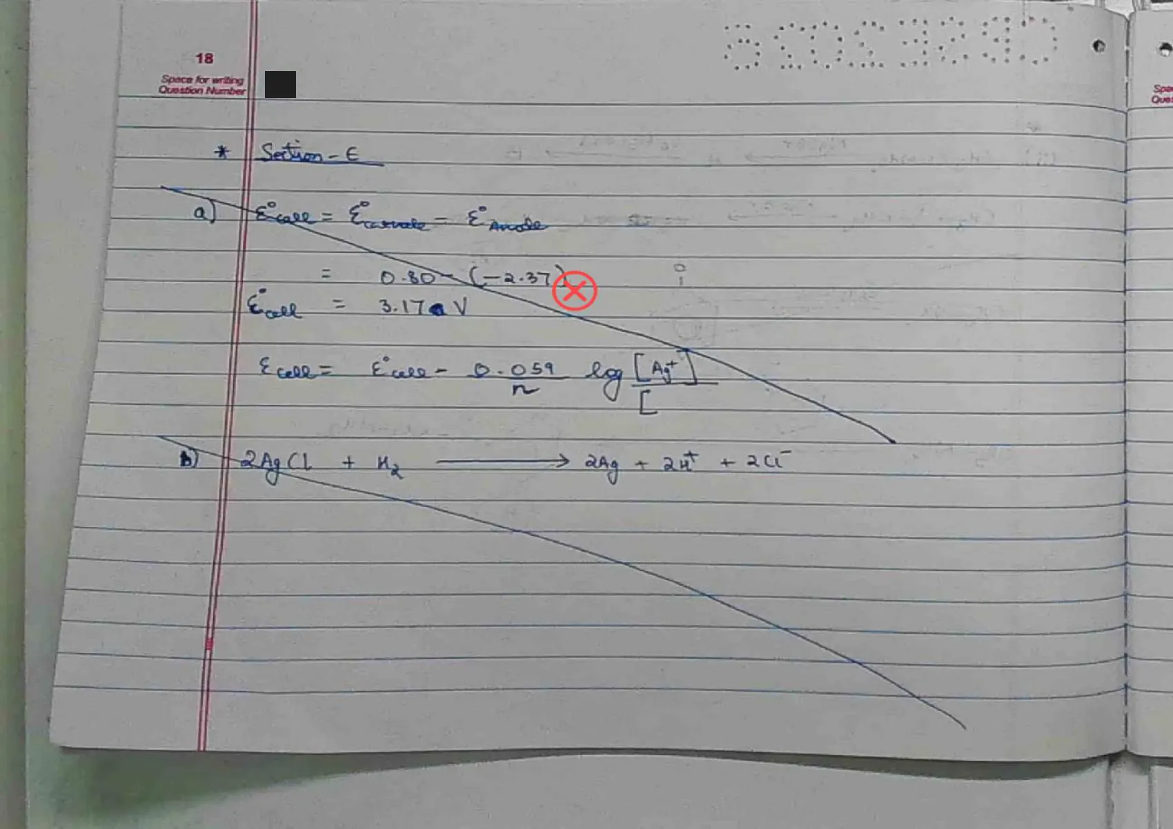 Chemistry answer script page 21, booklet page 18 — A false start on Section E, crossed straight out. Left in because it is what actually happened.