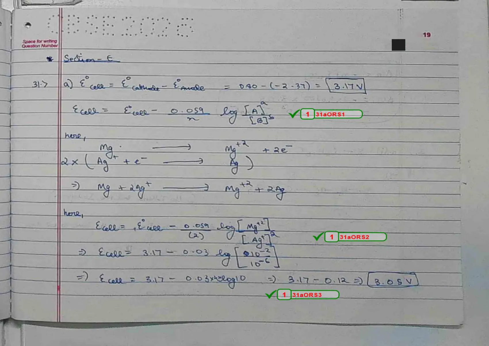Chemistry answer script page 22, booklet page 19 — Q31a — the Nernst equation done properly. Three ticks in a row.