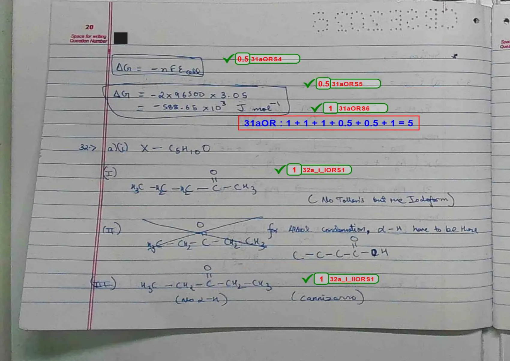 Chemistry answer script page 23, booklet page 20 — Q31a concluded at 5 of 5, and the start of Q32 on carbonyl identification.