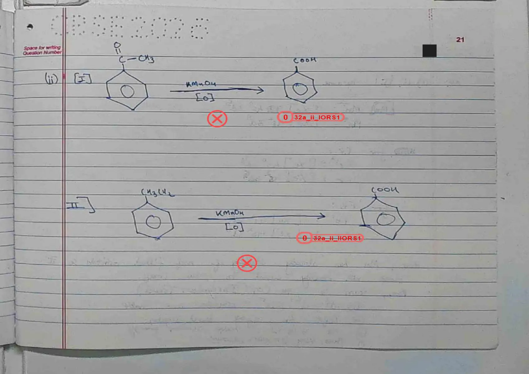 Chemistry answer script page 24, booklet page 21 — Q32a(ii) — two oxidation conversions, both marked wrong.
