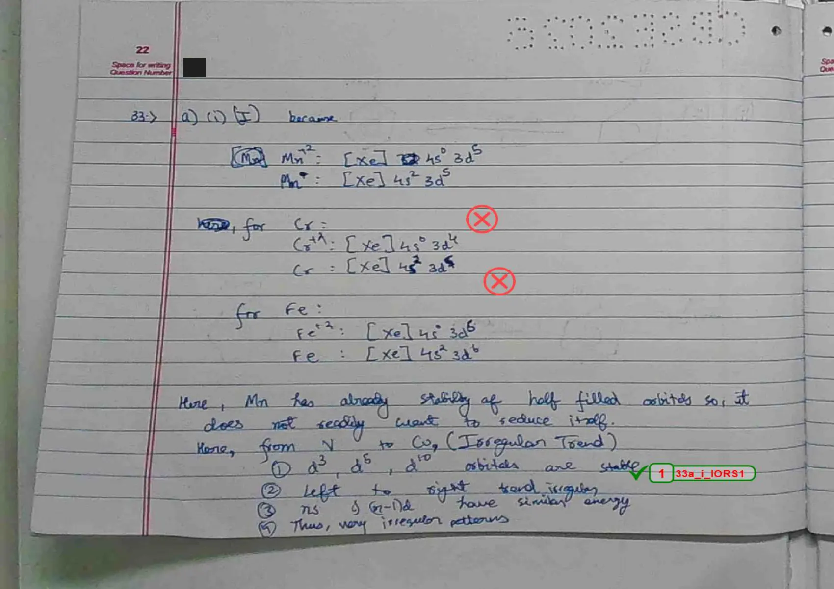 Chemistry answer script page 25, booklet page 22 — Q33 — d-block reduction potentials and the irregular trend.