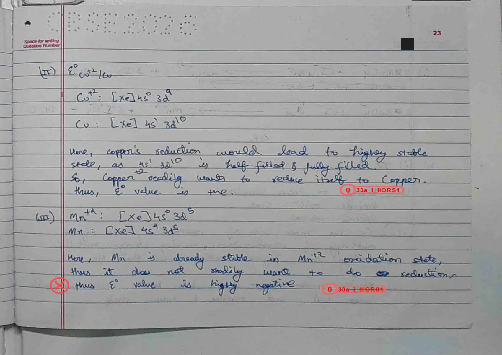 Chemistry answer script page 26, booklet page 23 — Q33 continued — the copper and manganese explanations, both zero.