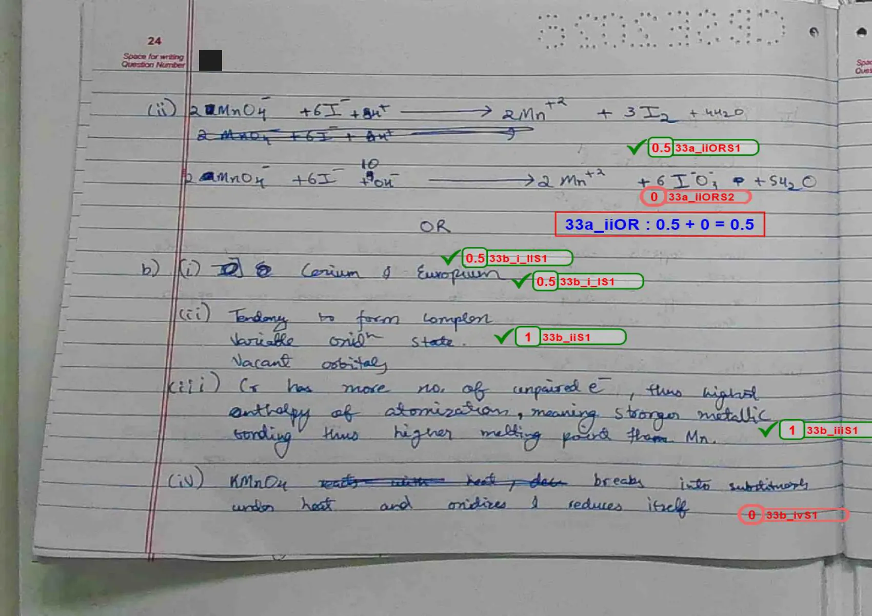 Chemistry answer script page 27, booklet page 24 — Q33a(ii) permanganate equations, and Q33b on lanthanoids.