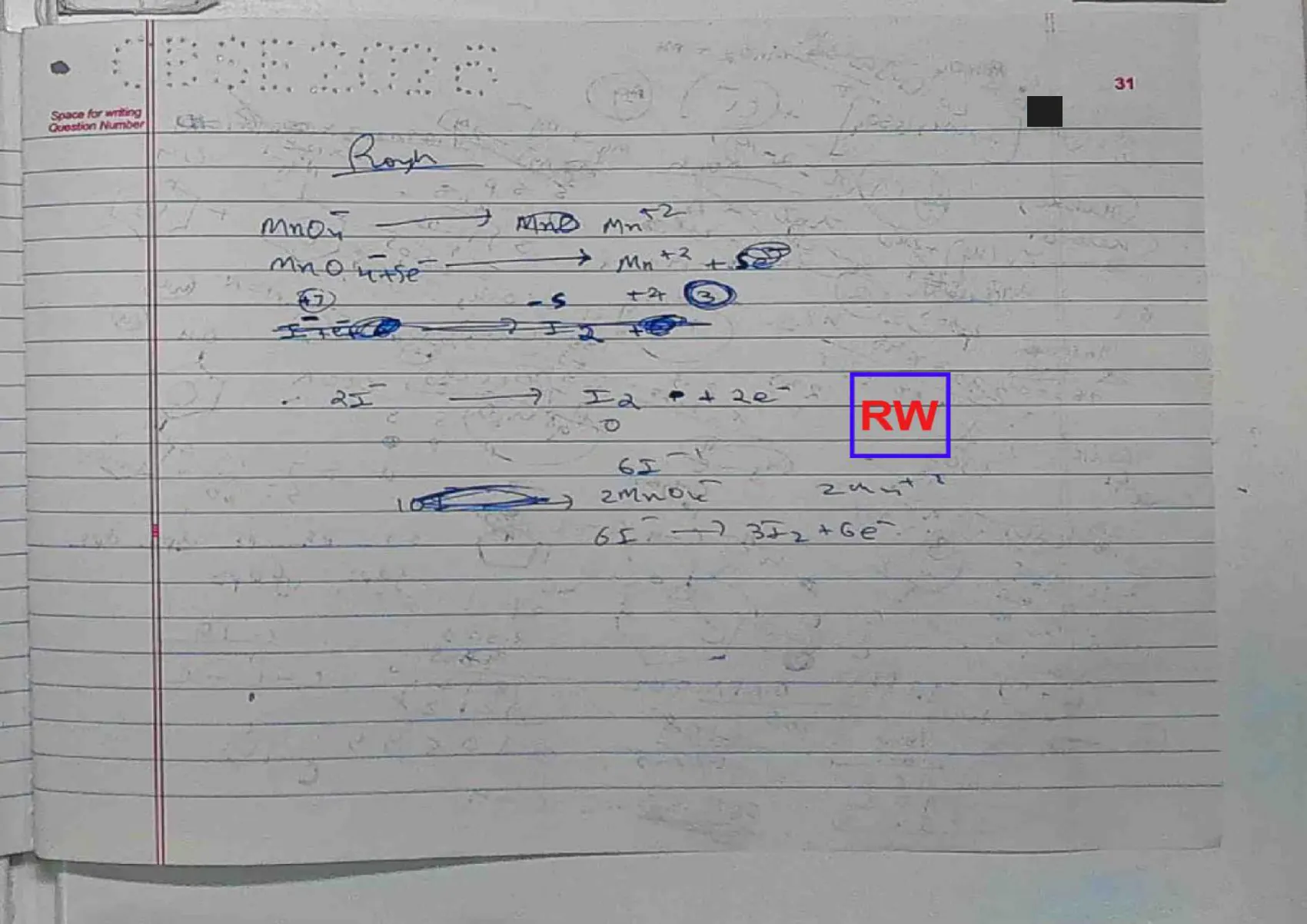 Chemistry answer script page 34, booklet page 31 — Rough work, stamped RW.