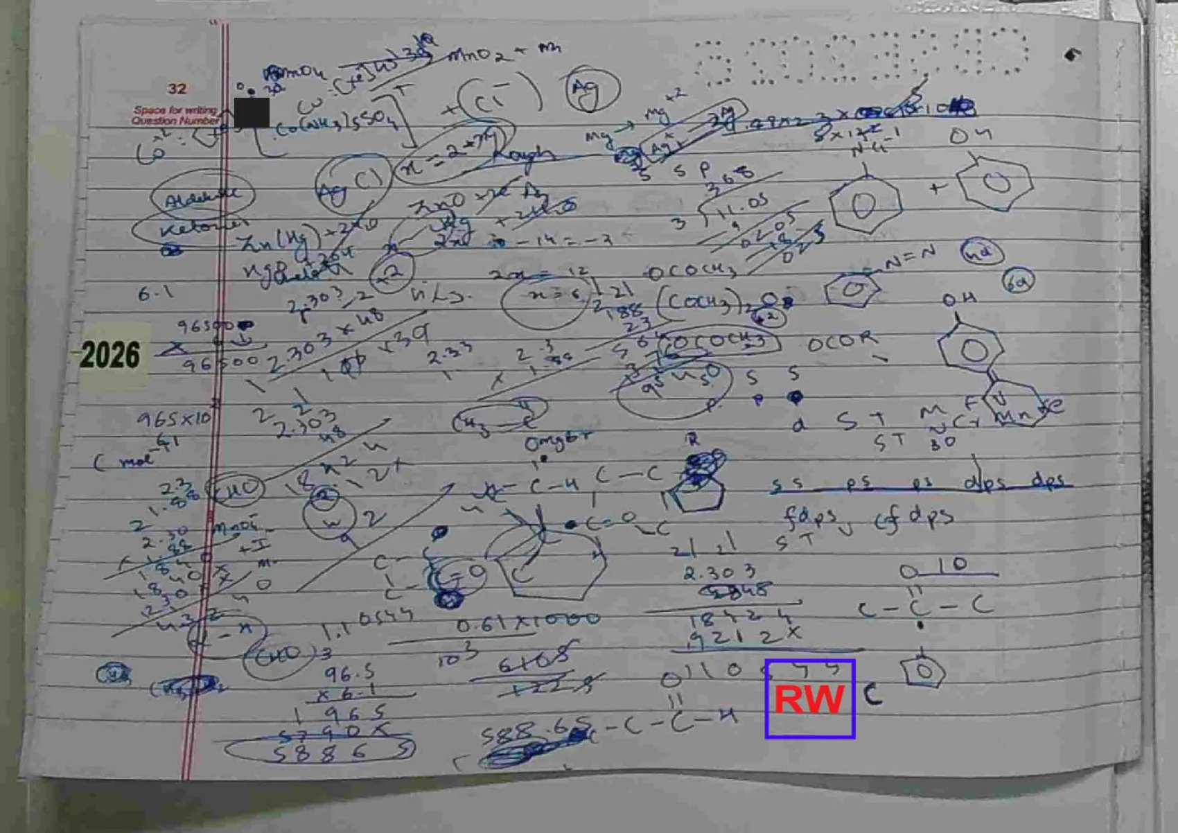Chemistry answer script page 35, booklet page 32 — The densest page in any of the three scripts — every formula I could not hold in my head.