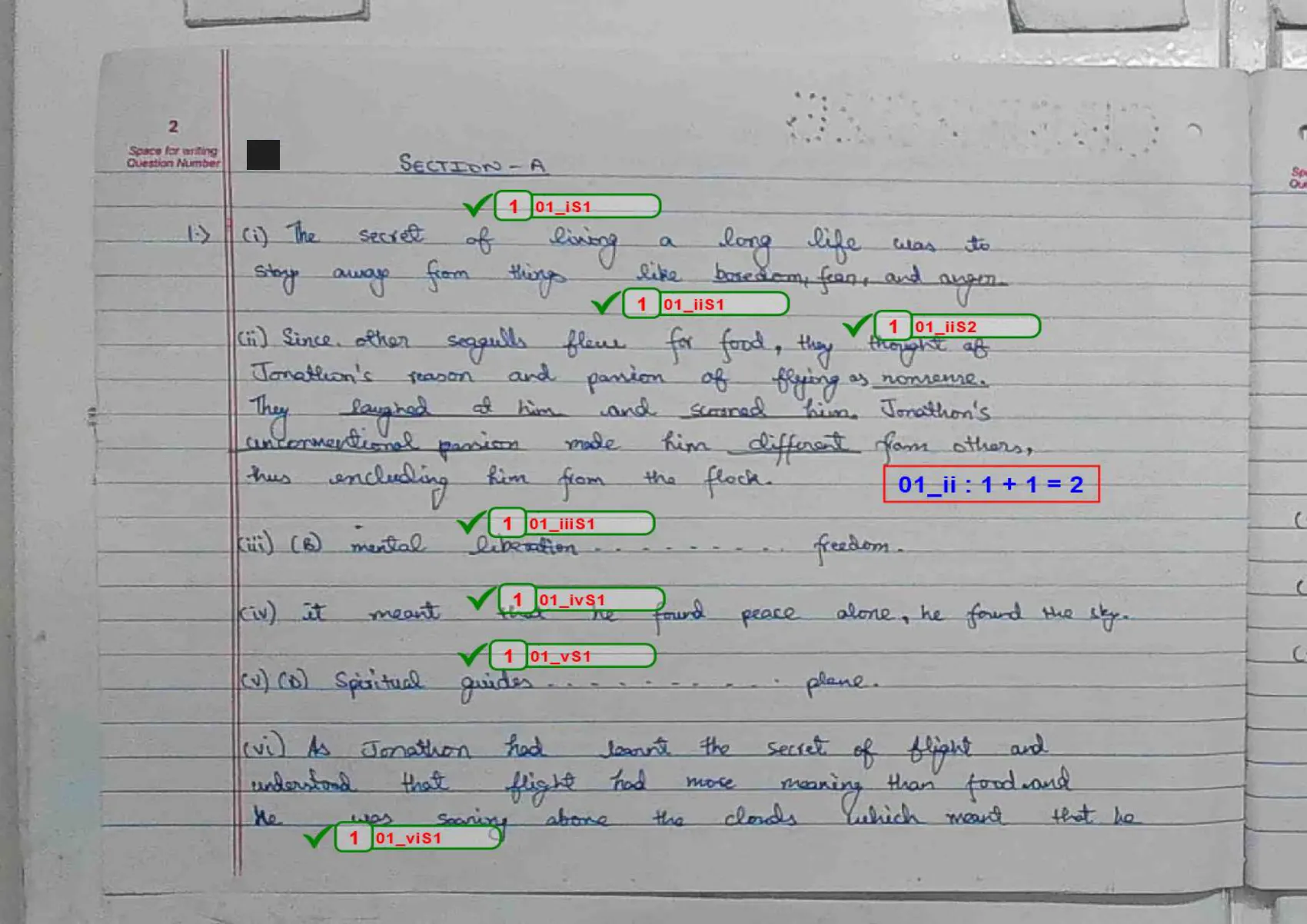 English Core answer script page 5, booklet page 2 — Q1 — the reading comprehension on Jonathan Livingston Seagull. Ten sub-parts, each with its own chip.