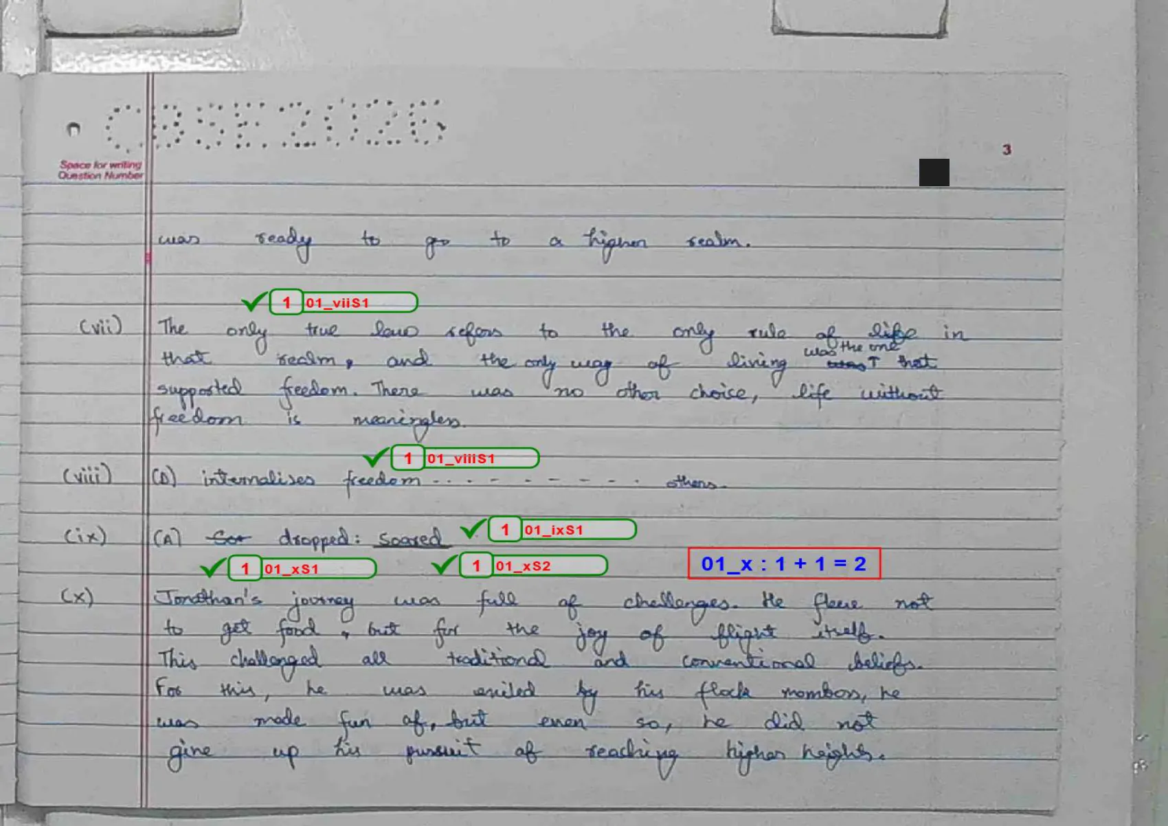 English Core answer script page 6, booklet page 3 — Q1 concluded. Full marks across the passage.
