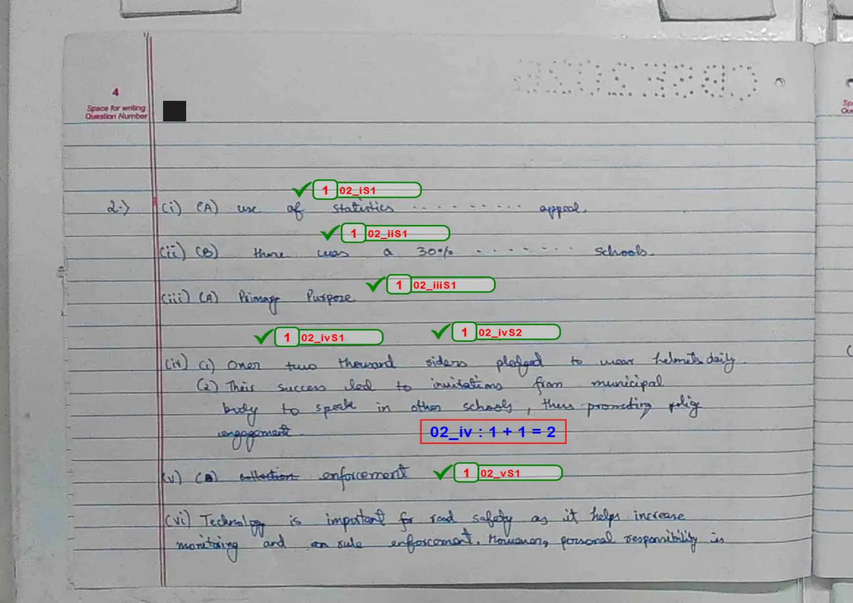 English Core answer script page 7, booklet page 4 — Q2 — the road safety case study. Note how short the one-mark answers are.