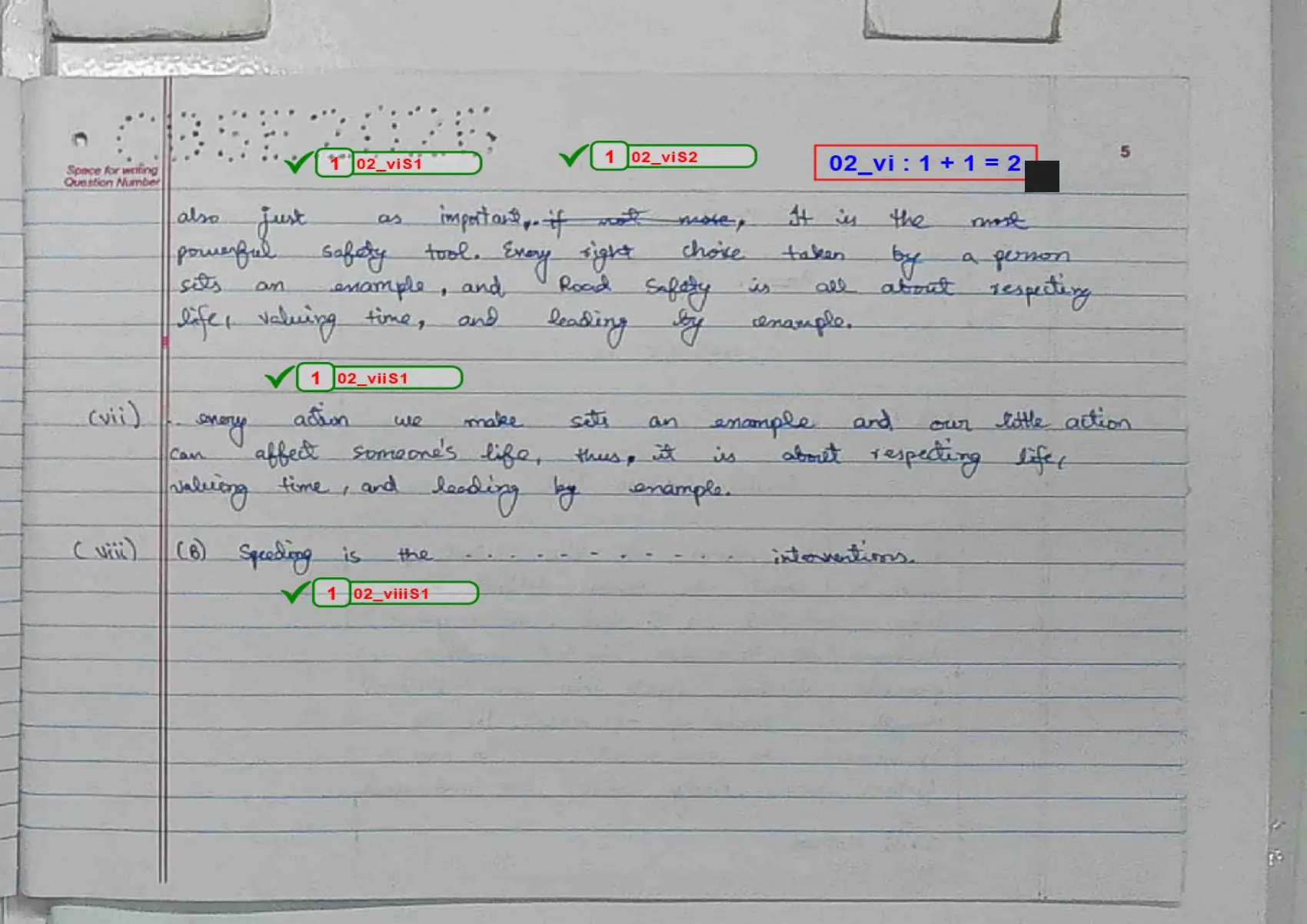 English Core answer script page 8, booklet page 5 — Q2 concluded, all eight sub-parts correct.