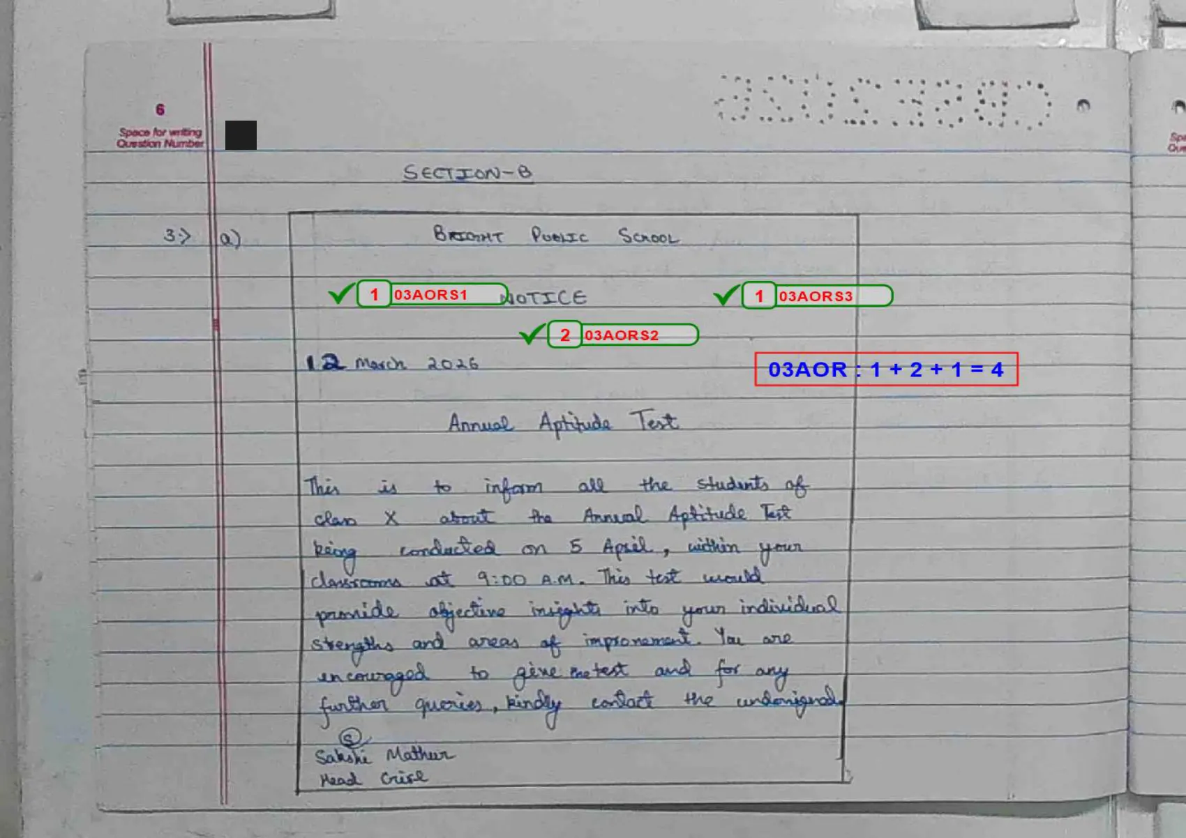 English Core answer script page 9, booklet page 6 — Q3 — the notice, boxed as the format requires. 4 of 4: "03AOR : 1 + 2 + 1 = 4".