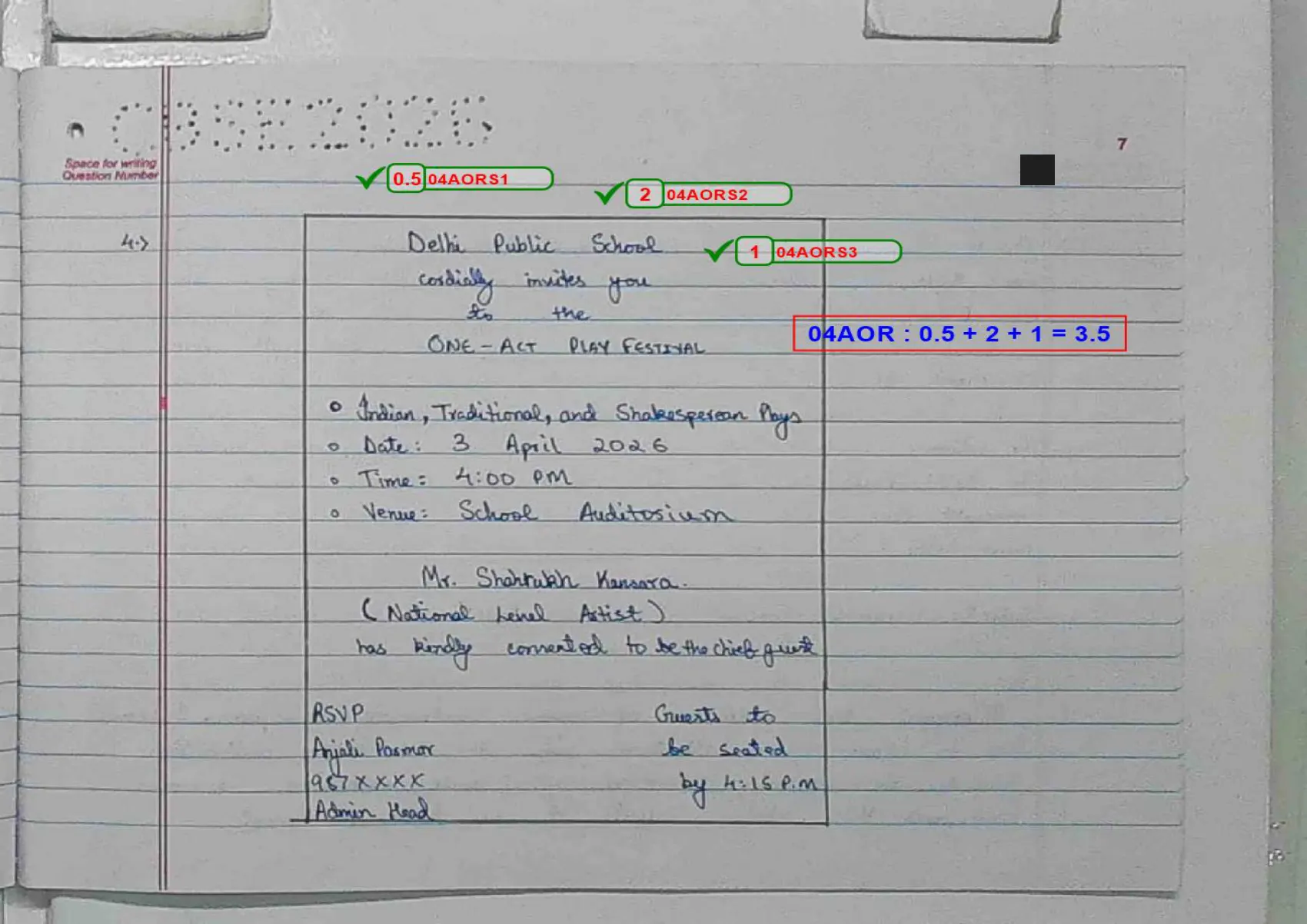 English Core answer script page 10, booklet page 7 — Q4 — the invitation. 3.5 of 4, and the half mark lost is in the layout, not the content.