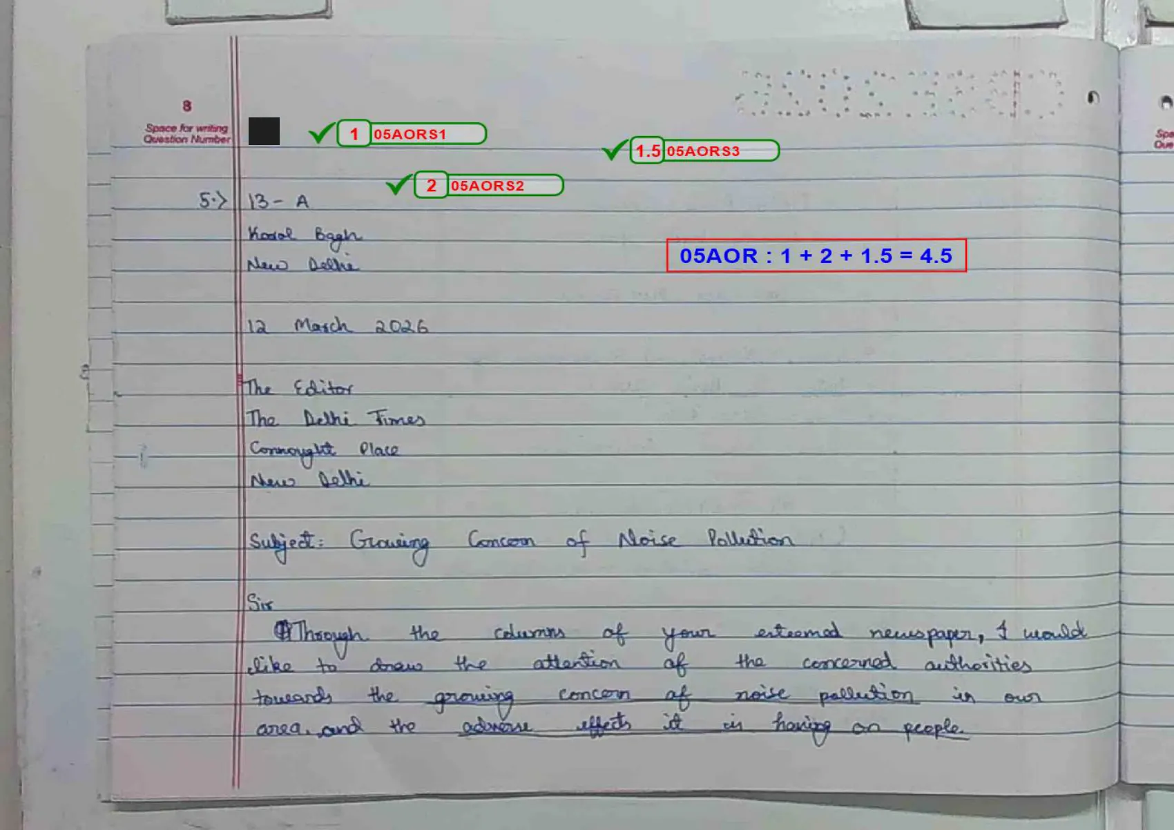 English Core answer script page 11, booklet page 8 — Q5 — the letter to the editor on noise pollution. Address block, subject line, salutation, all in place.