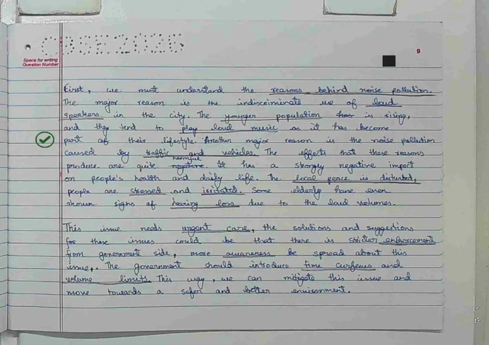 English Core answer script page 12, booklet page 9 — Q5 continued — the body. Every underlined phrase is the examiner marking content points.