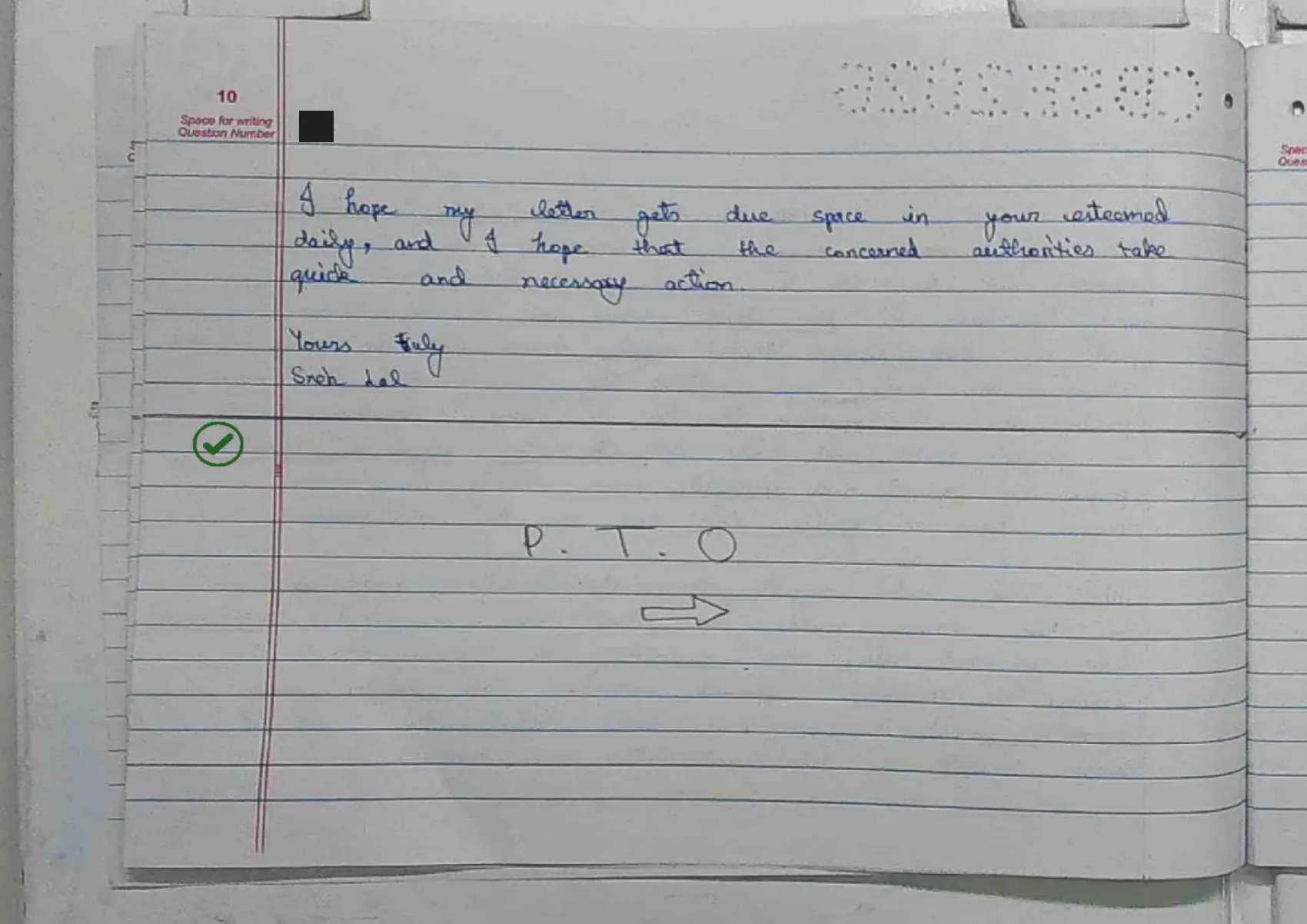 English Core answer script page 13, booklet page 10 — Q5 concluded, signed off with the persona the question gave.