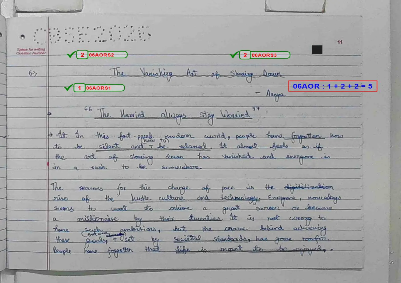 English Core answer script page 14, booklet page 11 — Q6 — the article, "The Vanishing Art of Slowing Down". 5 of 5.