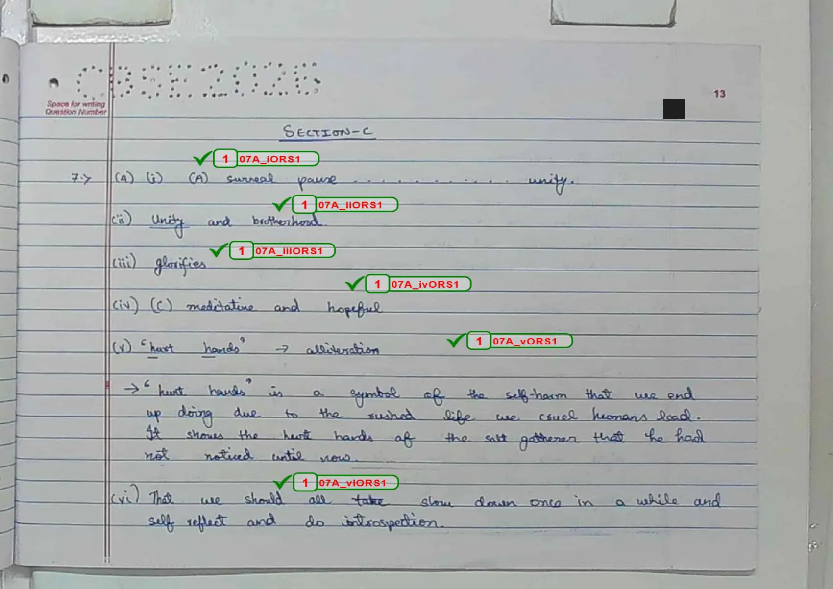 English Core answer script page 16, booklet page 13 — Q7 — the poetry extract. Six sub-parts, six ticks.