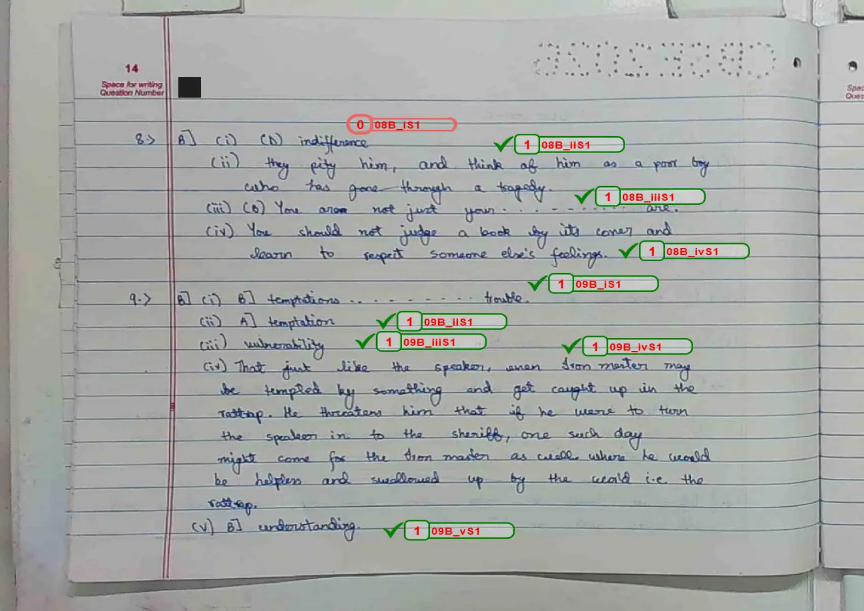 English Core answer script page 17, booklet page 14 — Q8 and Q9 — prose extracts. The zero on 08B(i) is the only one in the section.