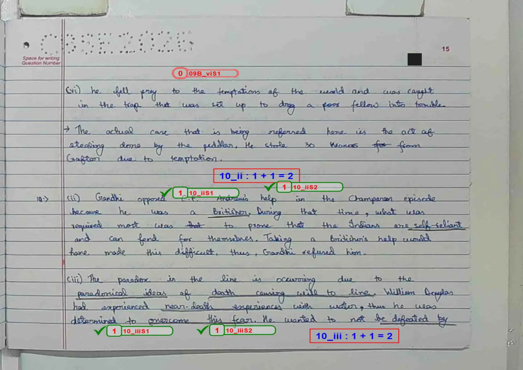 English Core answer script page 18, booklet page 15 — Q9 concluded and Q10 begun — Gandhi, Champaran, and the paradox in Deep Water.