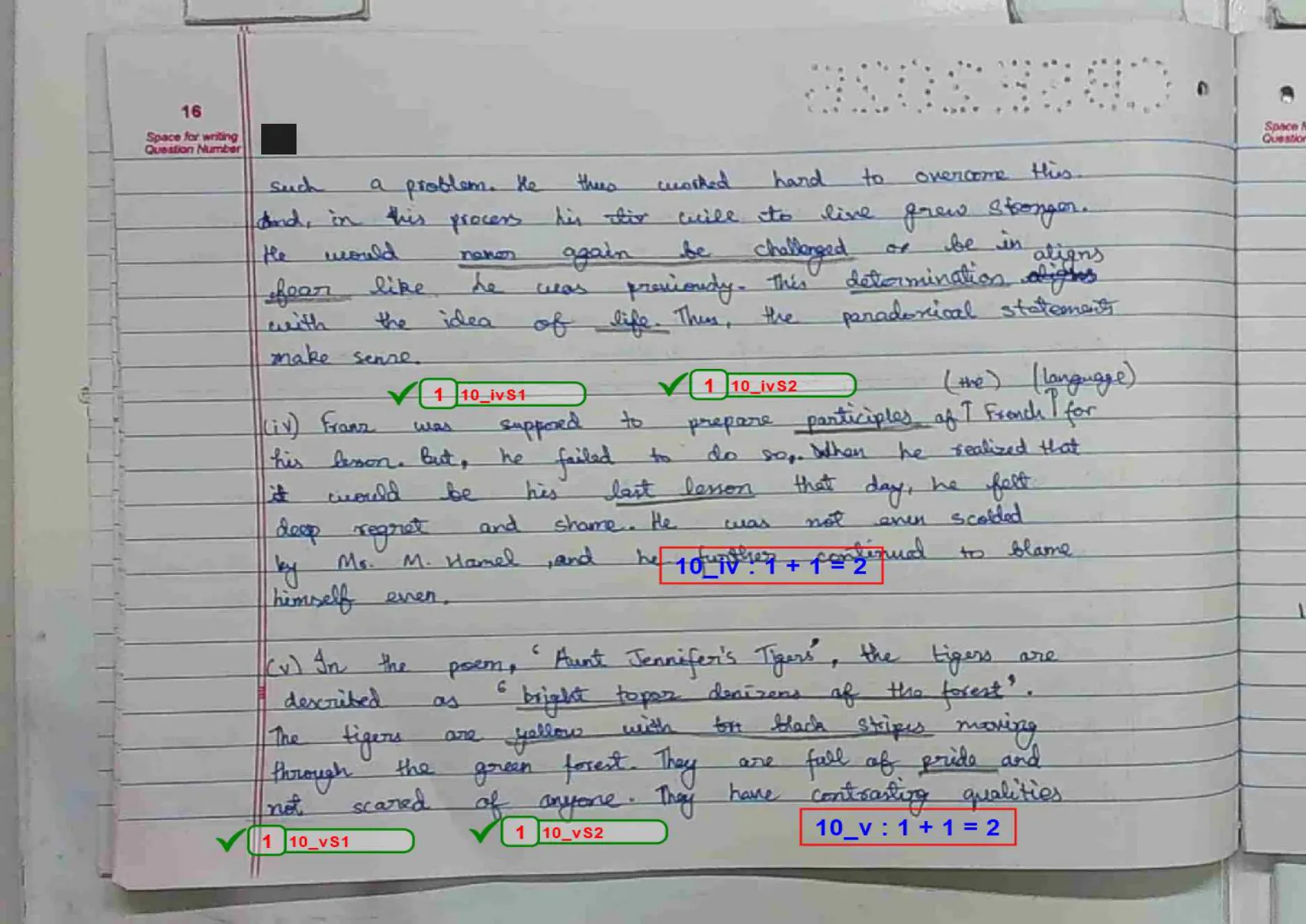 English Core answer script page 19, booklet page 16 — Q10 continued — Franz and the last lesson, then Aunt Jennifer.