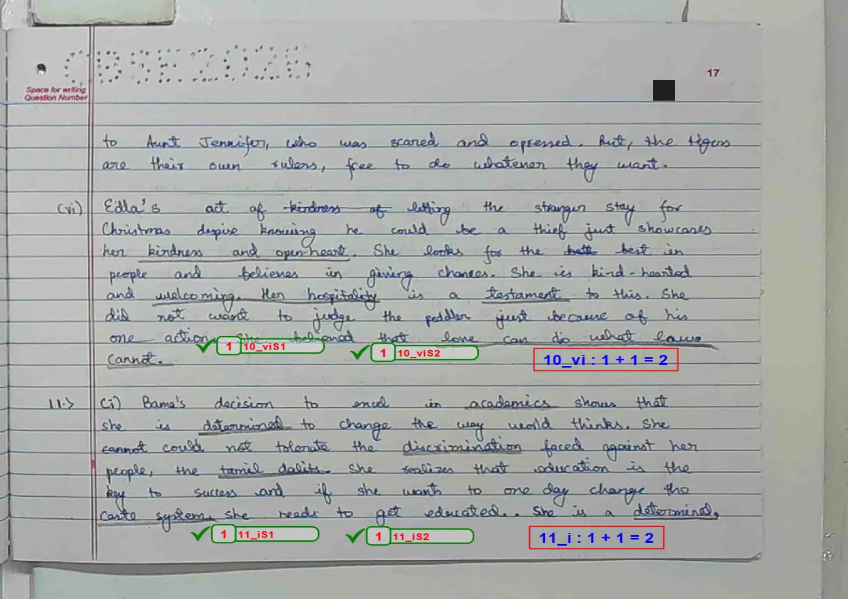 English Core answer script page 20, booklet page 17 — Q10 concluded and Q11 begun — Edla, and Bama on education.