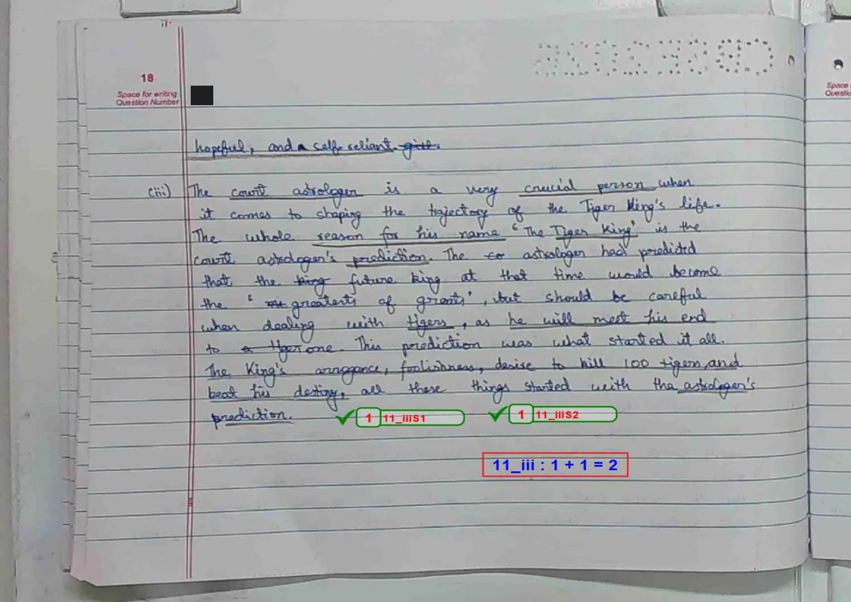 English Core answer script page 21, booklet page 18 — Q11 concluded — the court astrologer and the Tiger King.