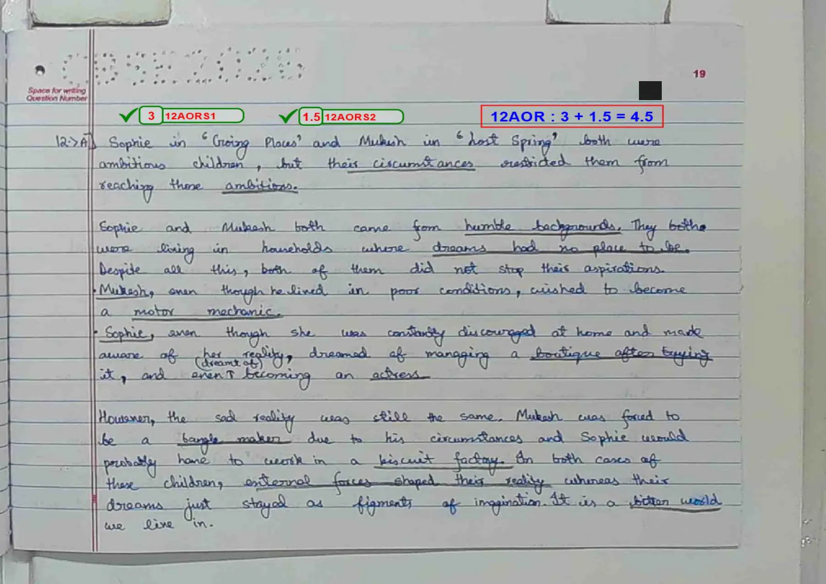 English Core answer script page 22, booklet page 19 — Q12 — Sophie and Mukesh compared. 4.5 of 5.