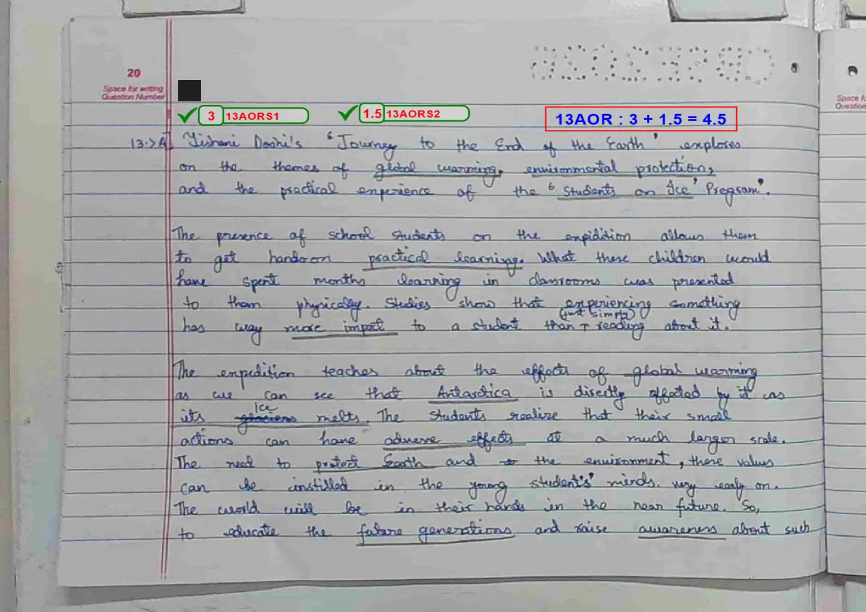 English Core answer script page 23, booklet page 20 — Q13 — Journey to the End of the Earth. 4.5 of 5.