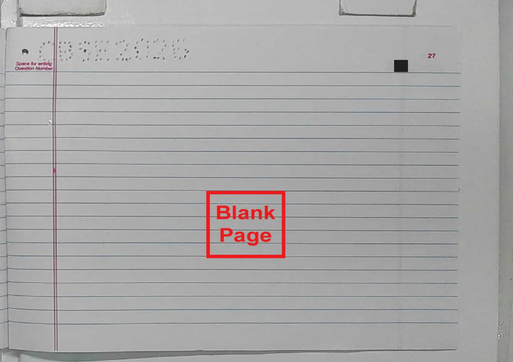 English Core answer script page 30, booklet page 27 — Blank, and stamped as such.