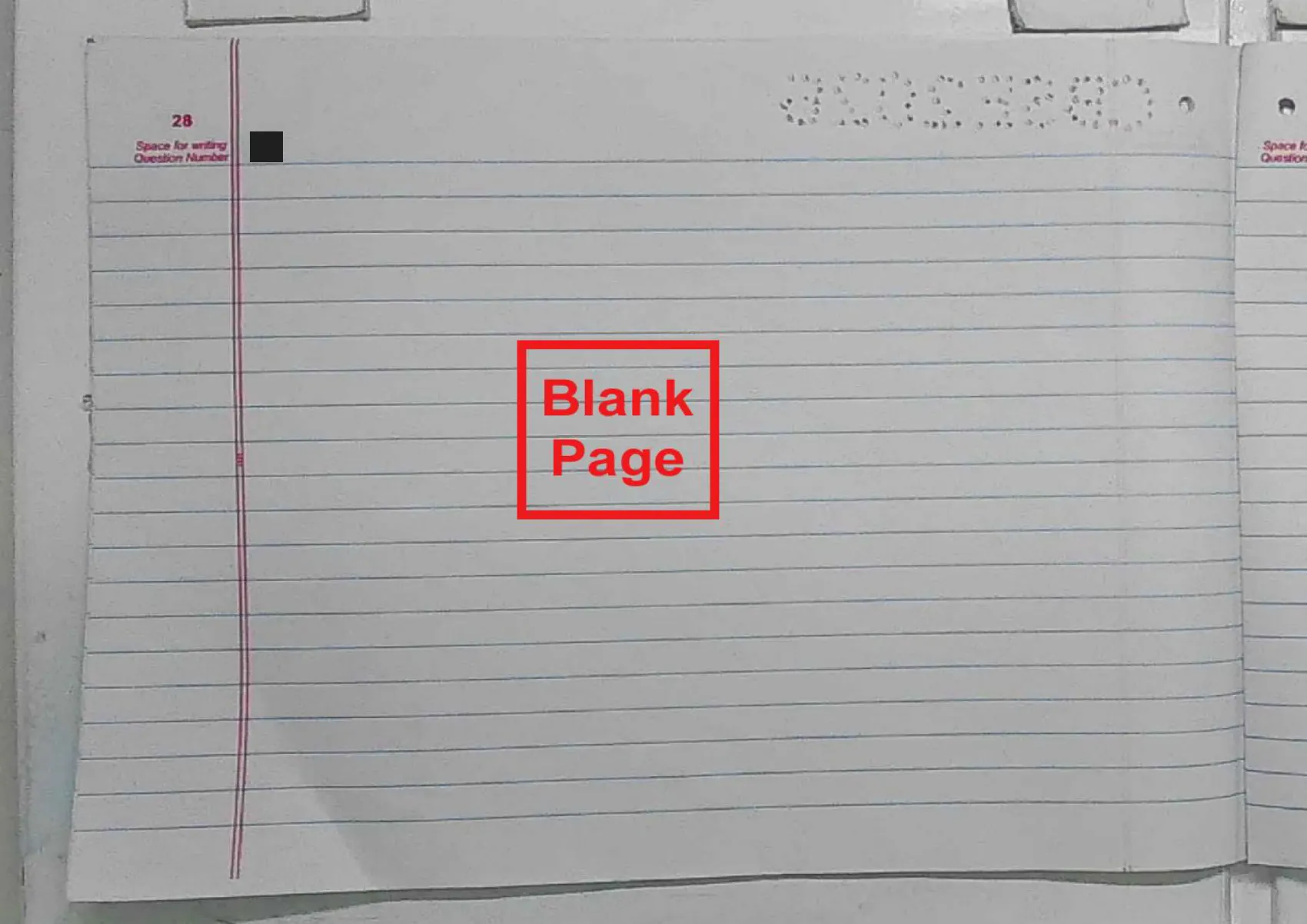English Core answer script page 31, booklet page 28 — Blank, and stamped as such.