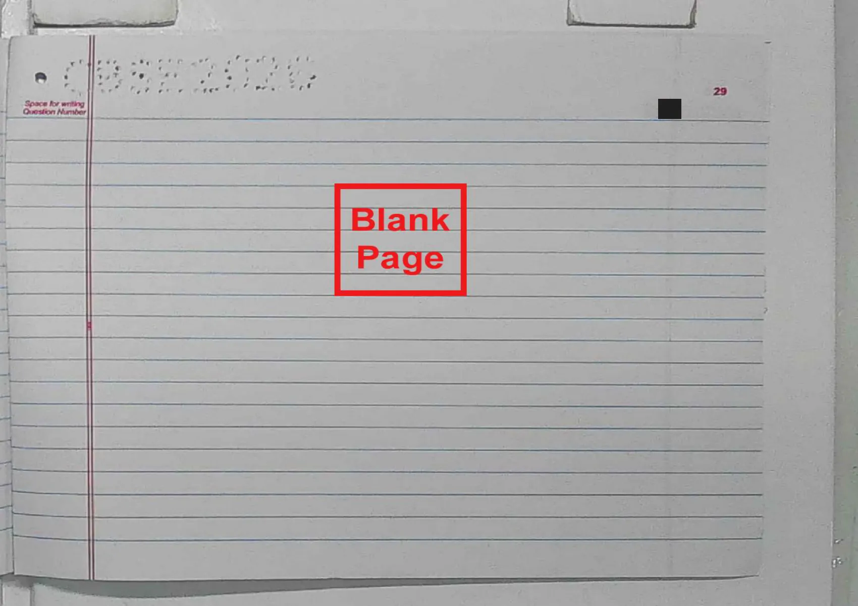 English Core answer script page 32, booklet page 29 — Blank, and stamped as such.