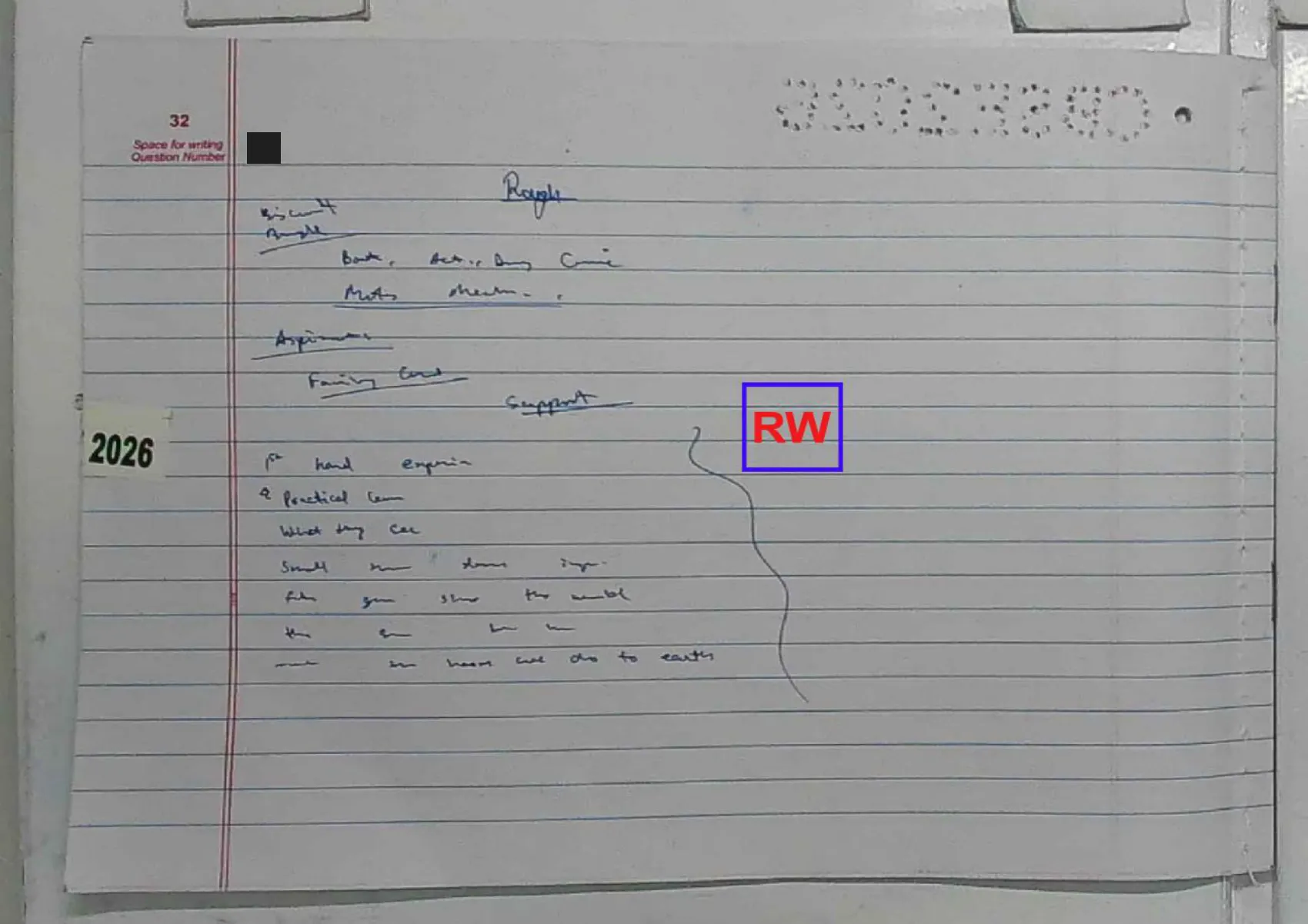 English Core answer script page 35, booklet page 32 — Rough work — the article planned out in single words before it was written.